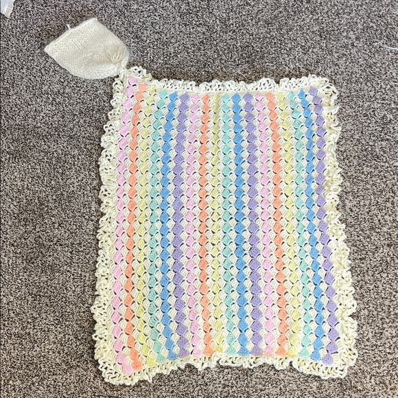 Handmade Crochet Baby Blanket & Hat Set – Pastel Rainbow with Lace Trim - Picture 2 of 10